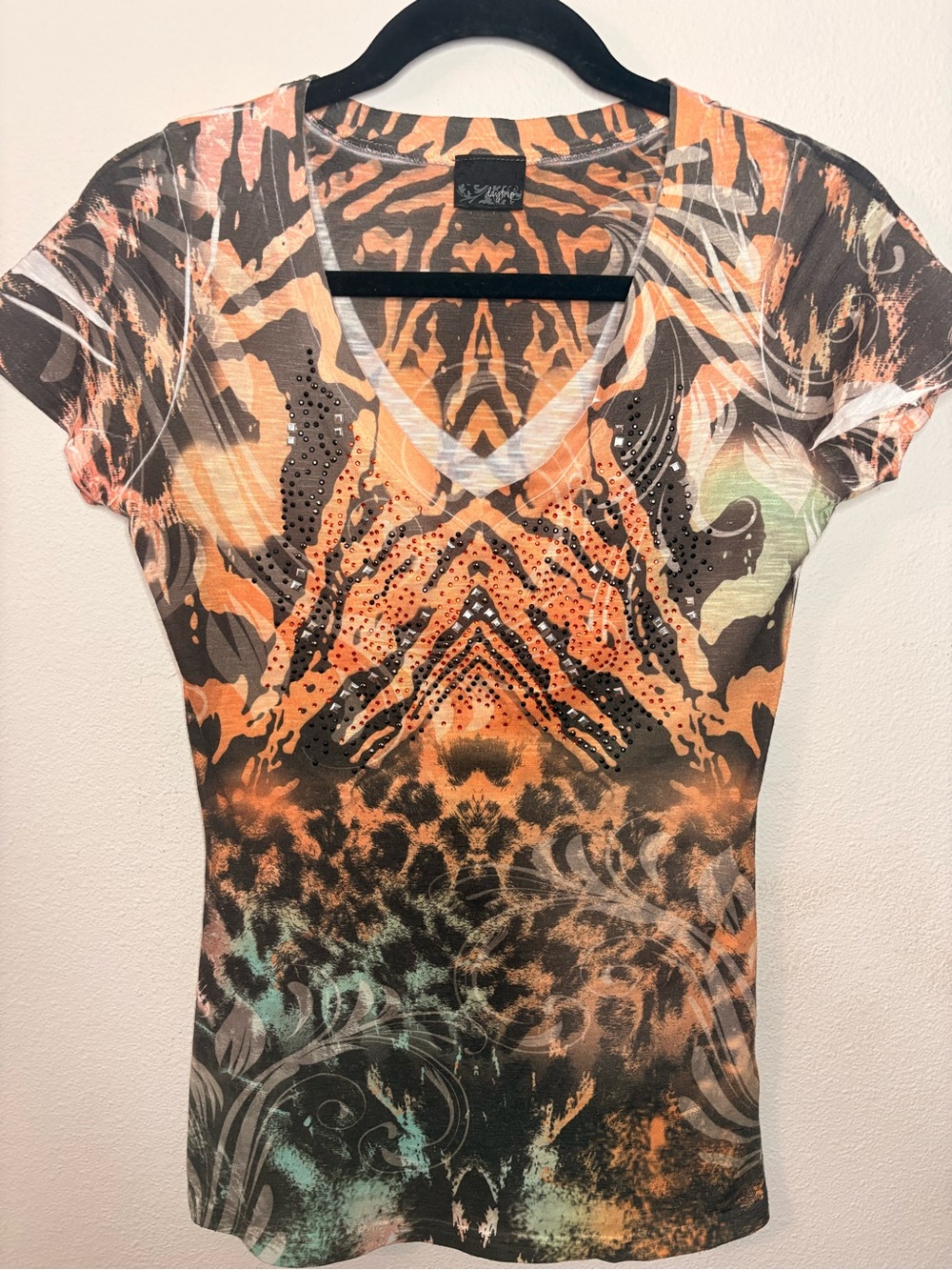 Daytrip Orange and Black V-Neck Short Sleeve Top with Stud Accents-140